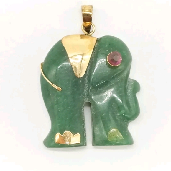 ELEPHANT PENDANT HEAD JADE YELLOW GOLD - Picture 2 of 10